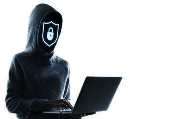 Mysterious hacker wearing hoodie using laptop, glowing lock icon as face, silhouette style on white background, concept of cyber safety and data protection