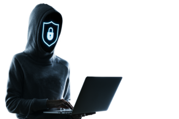 Mysterious hacker wearing hoodie using laptop, glowing lock icon as face, silhouette style on white background, concept of cyber safety and data protection