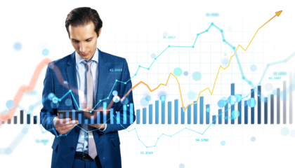 Man in suit using tablet with overlapping charts and graphs on white background, concept of financial analysis and online market data