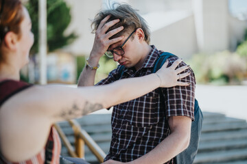 A female professor supports and comforts a worried male student outside during a break, promoting encouragement.