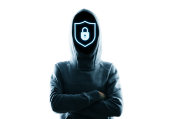 Person in hoodie with glowing padlock shield icon for face, on white background, symbolizing anonymous data protection and digital safety