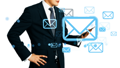 Businessman in suit holding smartphone with floating email icons on white background, symbolizing digital communication and online messaging