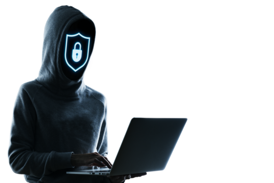 Mysterious hacker wearing hoodie using laptop, glowing lock icon as face, silhouette style on white background, concept of cyber safety and data protection - Powered by Adobe