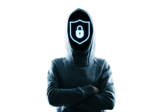 Person in hoodie with glowing padlock shield icon for face, on white background, symbolizing anonymous data protection and digital safety