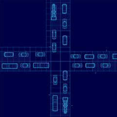 A detailed blueprint of a building features multiple cars and road layouts in wireframe style, showcasing the architectural design. The technical drawing highlights parking spaces, driveways. Top view