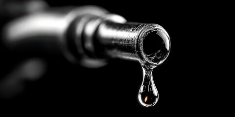 Oil drop drips from a metallic pipe against a dark background