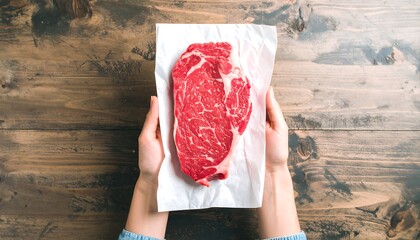 Raw steak held on butcher paper, ultra-realistic meat texture, professional lighting, face excluded