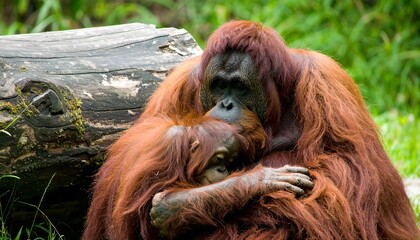 Naklejka premium Amazing moment in lush rainforest, mother orangutan with baby sitting beside large log tree, surrounded by vibrant greenery, tall trees, and soft sunlight filtering through canopy