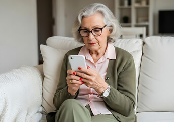 Focused senior woman with grey hair and glasses using a modern smartphone while sitting on a sofa