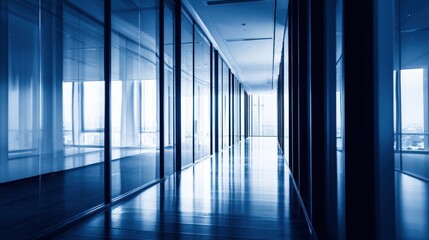 Modern office corridor with glass walls reflecting blue light, showcasing a sleek urban environment