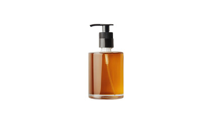 Naklejka premium Brown liquid soap in a sleek glass pump bottle on a white surface, highlighting its simplicity and elegance