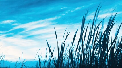 Serene blue sky with wispy clouds over tall grass swaying gently in a tranquil landscape