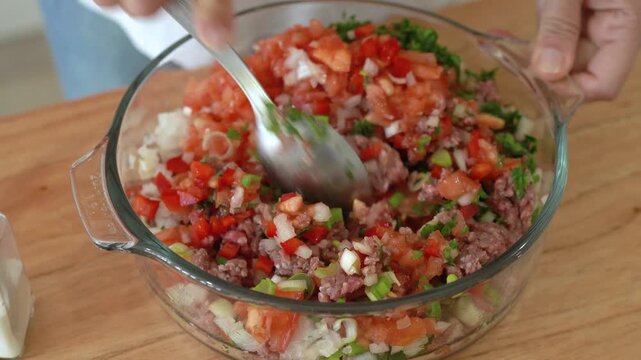 Close up shot of meat filling being mixed to make fatayer also known as Middle Eastern savory hand pies