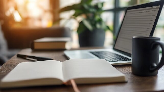 Office desk scene: a white blank notebook and an open laptop placed on the desk, next to a black coffee cup, symbolizing work and creative inspiration in a modern minimalist workspace