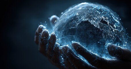Blue hands holding glowing connected earth on dark background