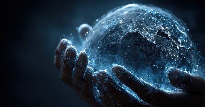 Blue hands holding glowing connected earth on dark background