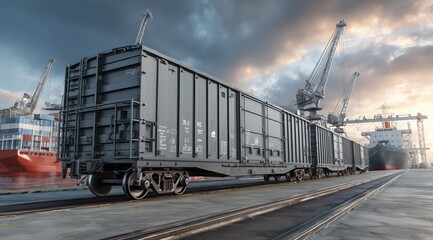 Obraz premium Industrial freight train wagons at shipping port with cranes in background under cloudy sky