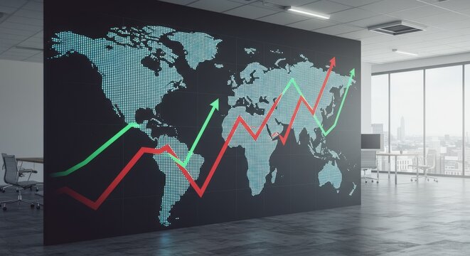 World Map with Financial Growth Charts in Office.