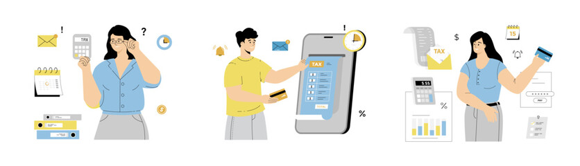 Tax online payment concept. People with bank card, tax form, invoice, calendar, calculator. Flat vector illustration isolated on white background.	
