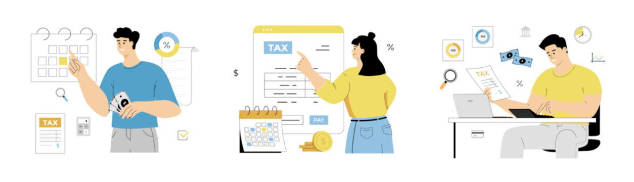 Tax payment. Data analysis, paperwork, financial research, report. People calculates tax, fills in tax return. Flat vector illustration isolated on white background.	
