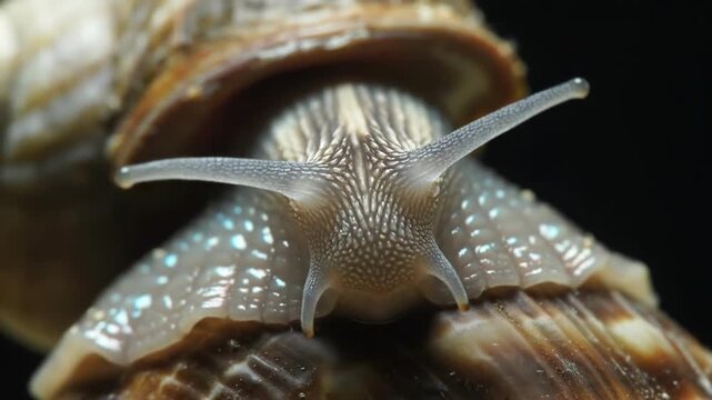 Closeup sequence of snail's curious exploration with moving tentacles and shell details