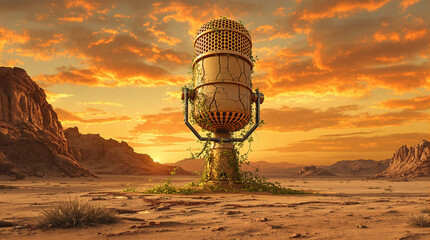 Monumental Vintage Microphone in Arid Desert at Sunset, Overgrown with Greenery, Evoking Ancient Broadcasts and Forgotten Stories