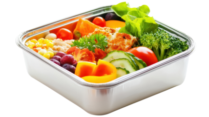Fresh vegetables including broccoli, tomatoes, and peppers arranged in a silver container ready for enjoyable eating