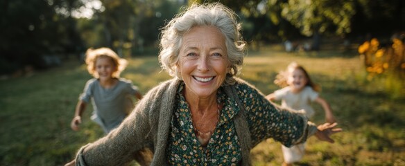 Elderly woman joyfully plays with grandchildren in a sunlit park, concept of intergenerational bonding and outdoor leisure.