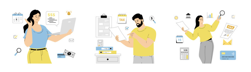 Tax day concept. Government taxation, invoice payment, online banking. Data analysis, paperwork, financial research, report. Flat vector illustration isolated on white background.	
