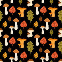 Hand drawn autumn seamless pattern with pumpkin, leaves, mushrooms, amanita. Colorful flat cartoon fall vector seamless pattern. Perfect for textile, fabric, repeating background, wrapping paper etc