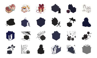 Creative Gift Box and Present Icon Collection Featuring Decorative, Minimalist, and Silhouette Designs for Celebrations, Birthdays, Holidays, and Special Occasions