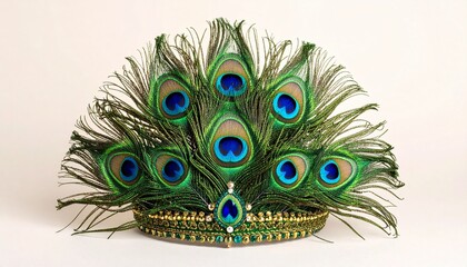 Obraz premium Fan-shaped arrangement of vibrant peacock feathers with blue and gold eye patterns, accented by a gold embellishment with green gem and pearls on a dark background.