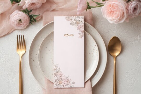 Elegant mockup for design featuring a beautiful table setting with floral accents. Floral wedding menu