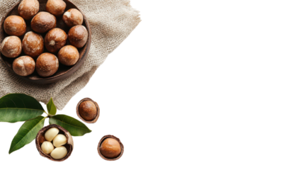 Fresh macadamia nuts displayed in a bowl alongside green leaves and cracked shells on a burlap cloth