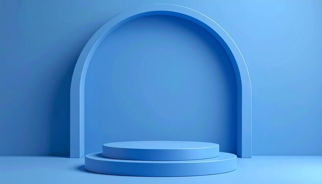 Monochromatic blue stage with circular base and arched backdrop, featuring metallic trim and dramatic lighting for a modern, immersive visual.
