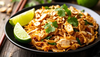 Close up of Pad Thai with chicken, peanuts, and fresh herbs served with lime wedges on a wooden table