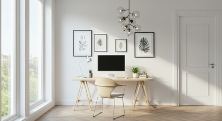 A modern home office with large windows.

