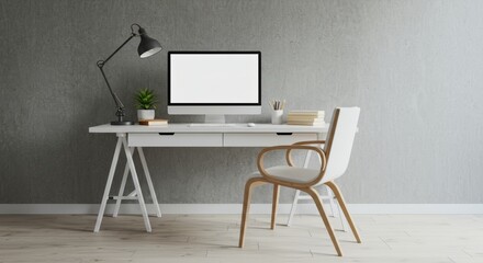 An industrial style office with a concrete wall.


