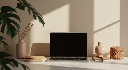 Fototapeta premium A minimalist desk with a laptop and plant shadows.