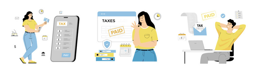 Payment of taxes and fees. Taxes Paid stamp on the online document form. Payment of taxation online through the web service. Flat vector illustration isolated on white background.	
