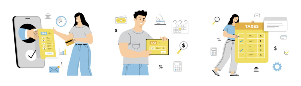Online tax payment. Remote online payments, transfers and transactions. Making transaction using tablet ot phone. Flat vector illustration isolated on white background.	
