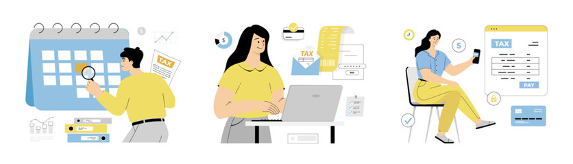 Online tax payment. Personal financial account. People pay tax bill online on the website form. Flat vector illustration isolated on white background.	

