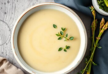Creamy white asparagus soup in a bowl, garnished with fresh herbs,  asparagus cream soup,  spring soup