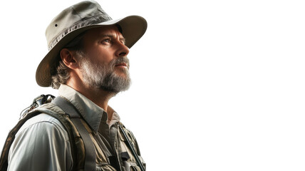 Fototapeta premium Individual with a gray beard and hat stands gazing thoughtfully, dressed for outdoor activities in a natural setting