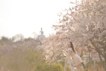 Asian cute young woman joyful, smiling with flowers garden background.
