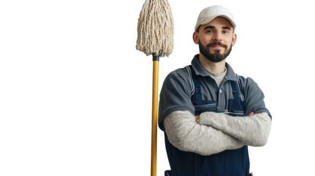A smiling cleaning professional poses with a mop, showcasing readiness and expertise in maintaining cleanliness