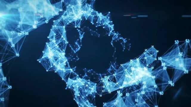 Abstract network blue polygons linked by lines with numeric labels against a dark background creating a complex digital pattern