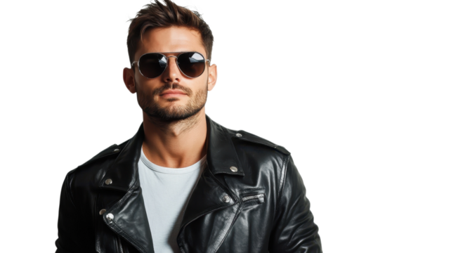 Young man in a leather jacket and sunglasses exudes confidence and style in a trendy setting