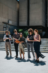 A group of several students and professor standing outside a building, smiling and holding books. The setting is outdoor steps, showcasing camaraderie, diversity, and a shared academic atmosphere.