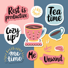 Self-care sticker pack with cozy quotes and tea cup – Suitable for lifestyle branding, self-love initiatives, or comfort-themed designs
